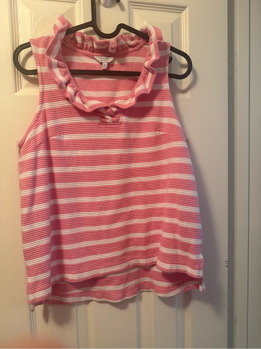 crown & ivy Pink and White Striped Ruffle Tank Top